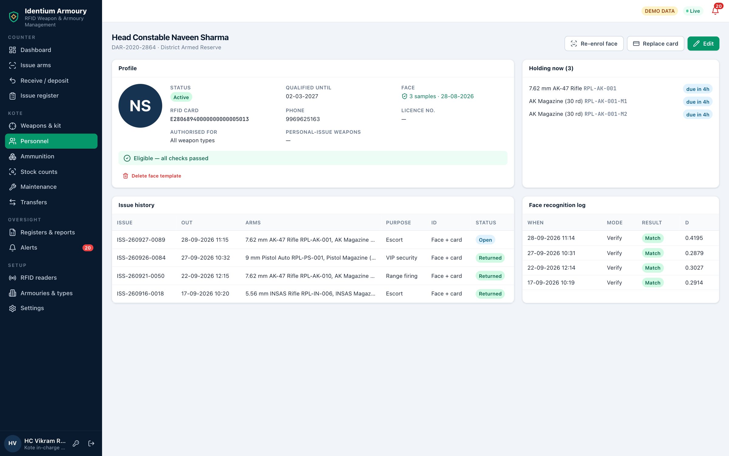 Identium Armoury personnel record with face enrolment, eligibility check, arms held and the face recognition log with match distances