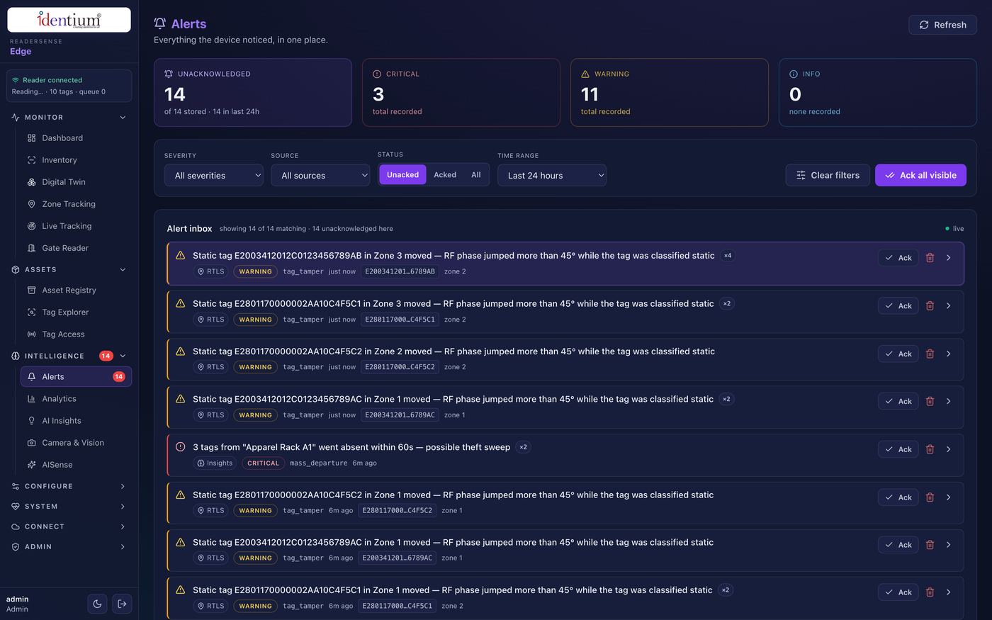 ReaderSense Edge — Alerts screen