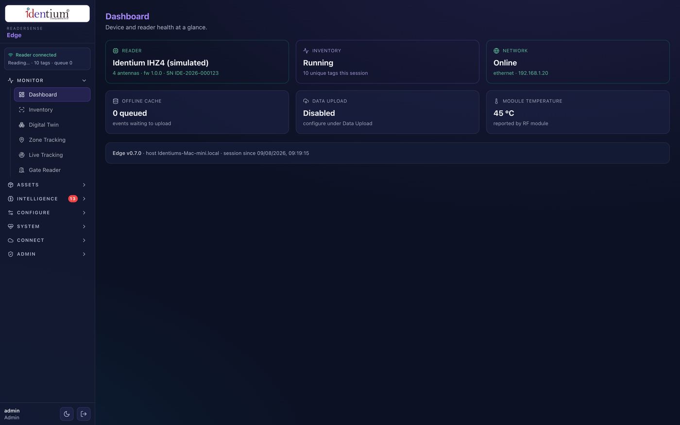 ReaderSense Edge — Dashboard screen