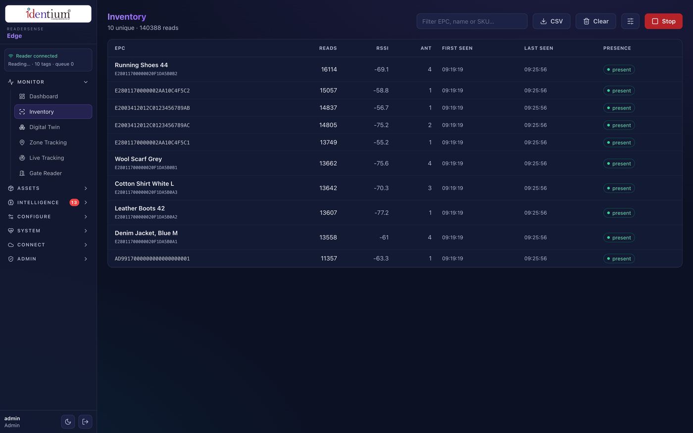 ReaderSense Edge — Live Inventory screen