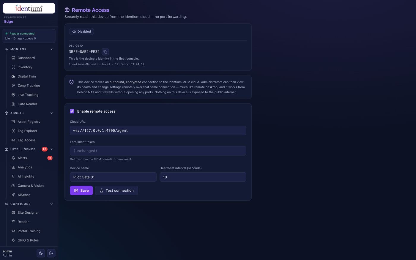 ReaderSense Edge — Remote Access → MDM screen